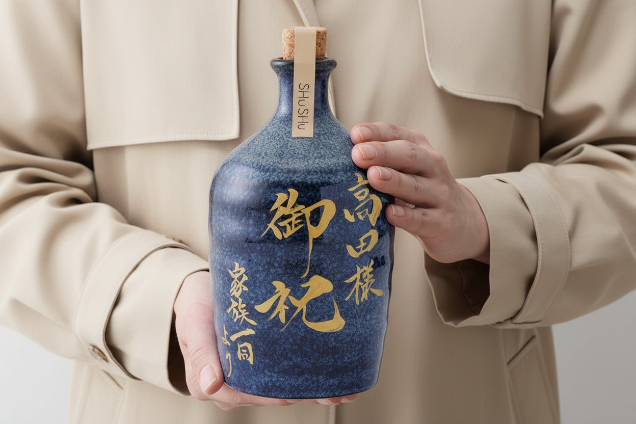 結婚式で酒好きの父に贈る両親贈呈品として選ばれた、SHUSHUの美濃焼名入れ麦焼酎
