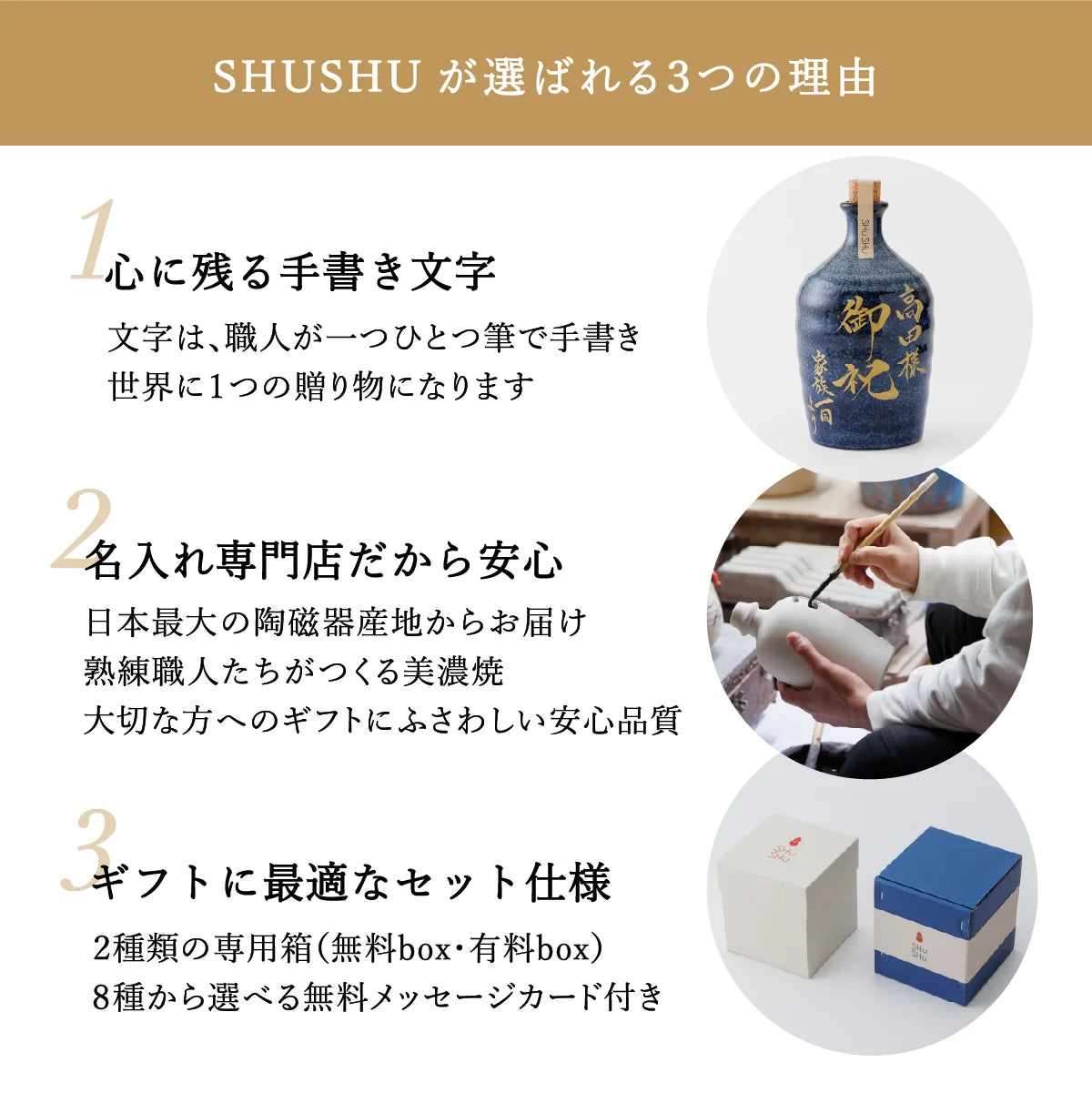 SHUSHUが選ばれる3つの理由を紹介した案内画像。職人による手書き名入れ、安心の美濃焼品質、ギフト対応