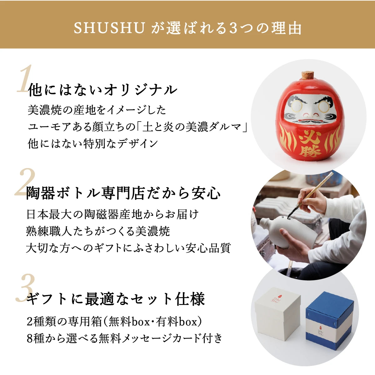SHUSHUが選ばれる3つの理由を説明する案内画像。ダルマ陶器ボトル、手書きの名入れ作業、ギフト用ボックスの写真付き