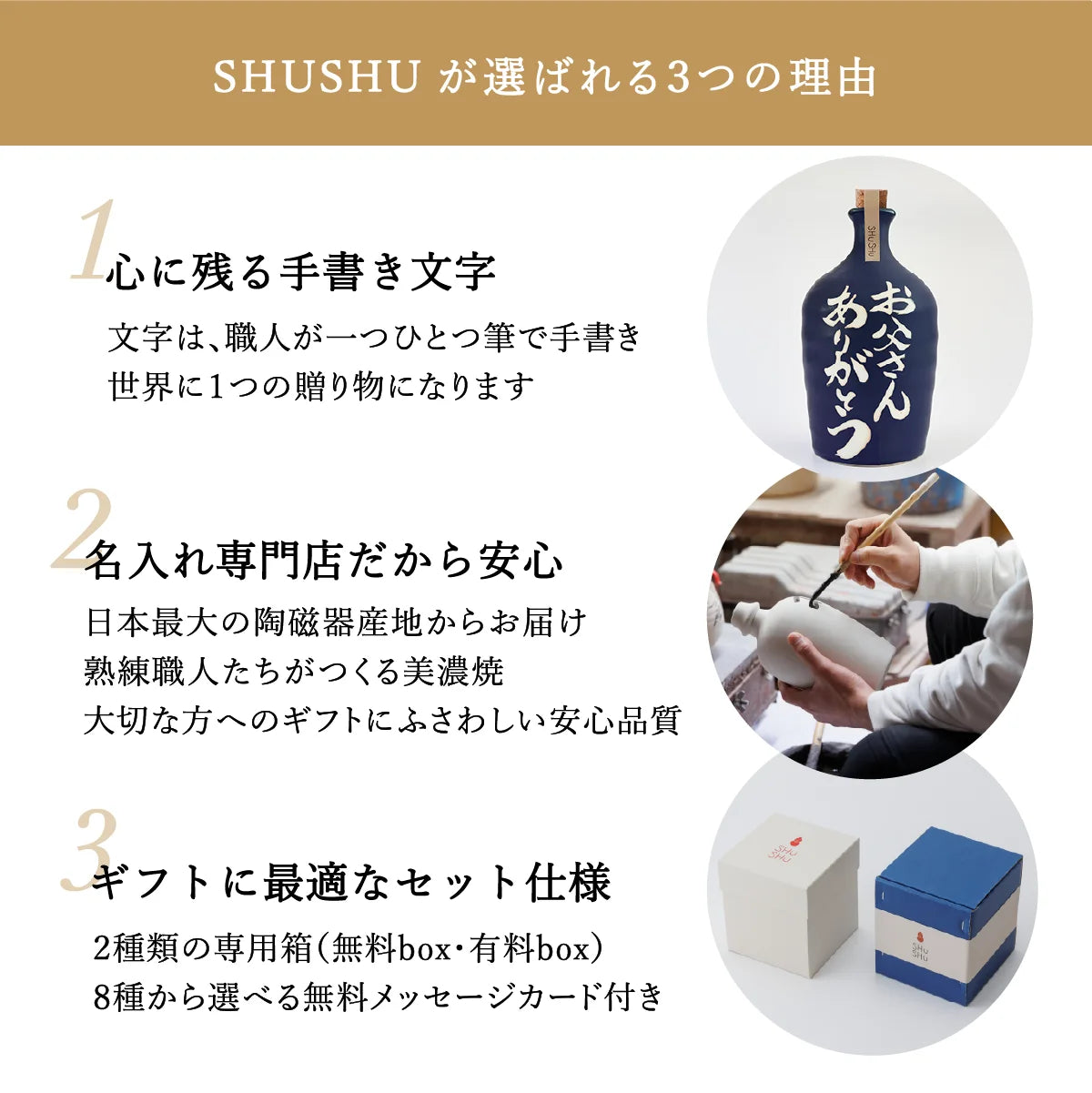 SHUSHUが選ばれる3つの理由を紹介した案内画像。職人による手書き名入れ、安心の美濃焼品質、ギフト対応