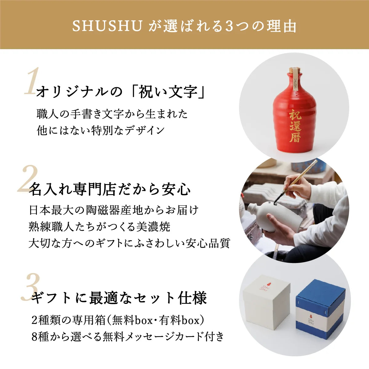 SHUSHUが選ばれる3つの理由を紹介した案内画像。職人による手書き名入れ、安心の美濃焼品質、ギフト対応