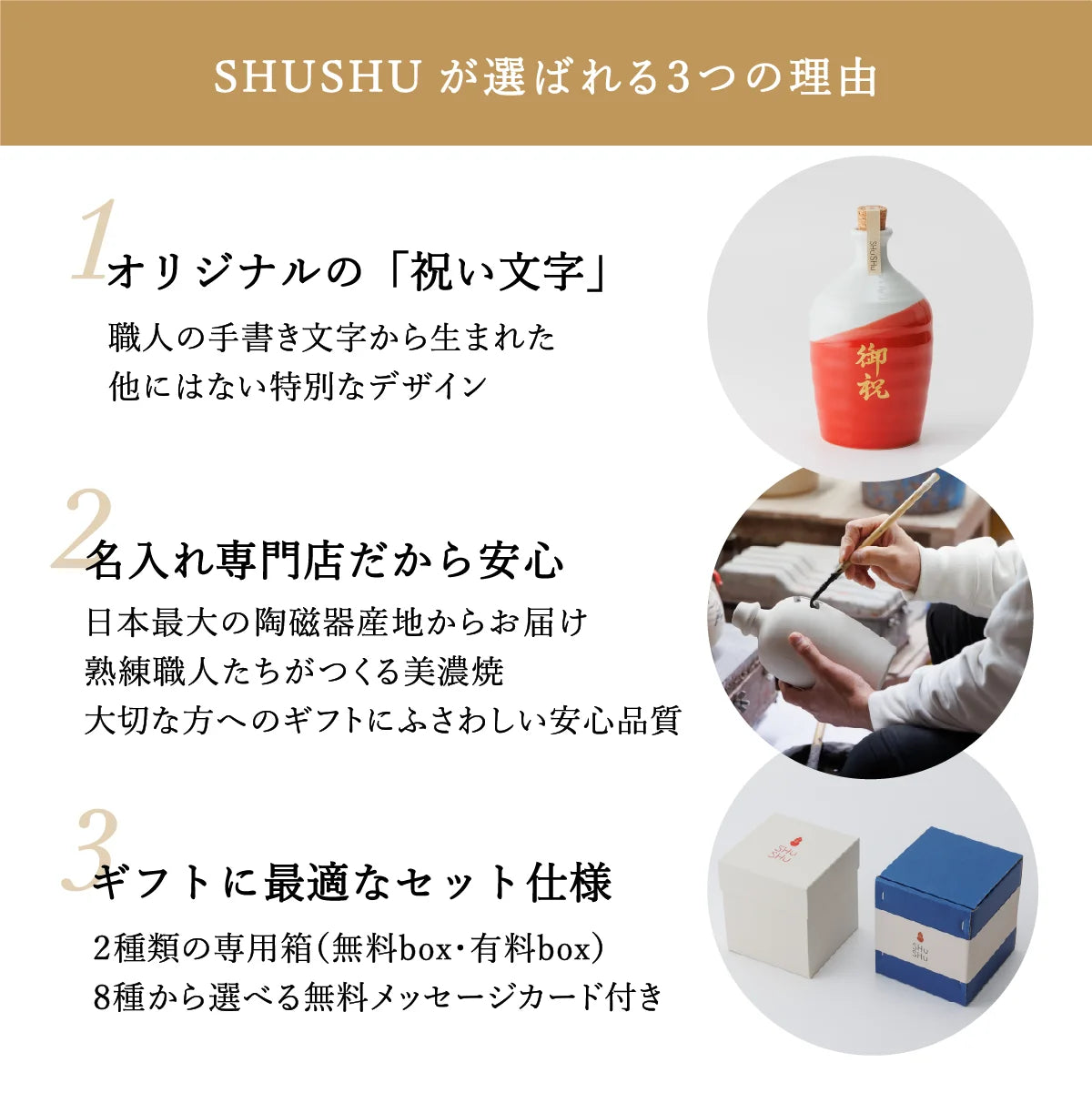 SHUSHUが選ばれる3つの理由を紹介した案内画像。職人による手書き名入れ、安心の美濃焼品質、ギフト対応