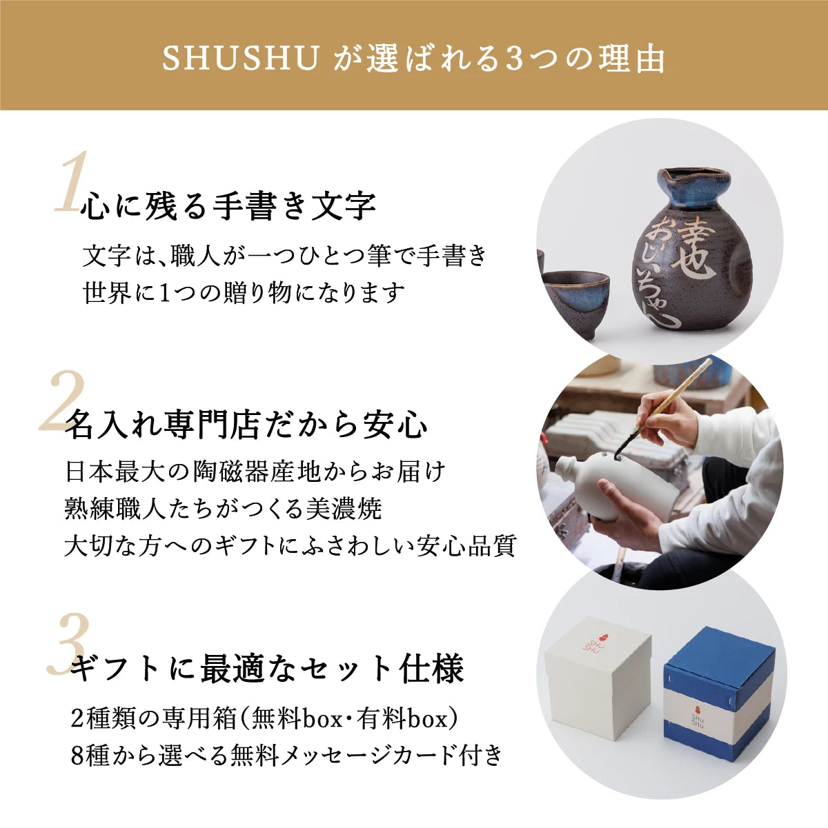 SHUSHUが選ばれる3つの理由を紹介した案内画像。職人による手書き名入れ、安心の美濃焼品質、ギフト対応