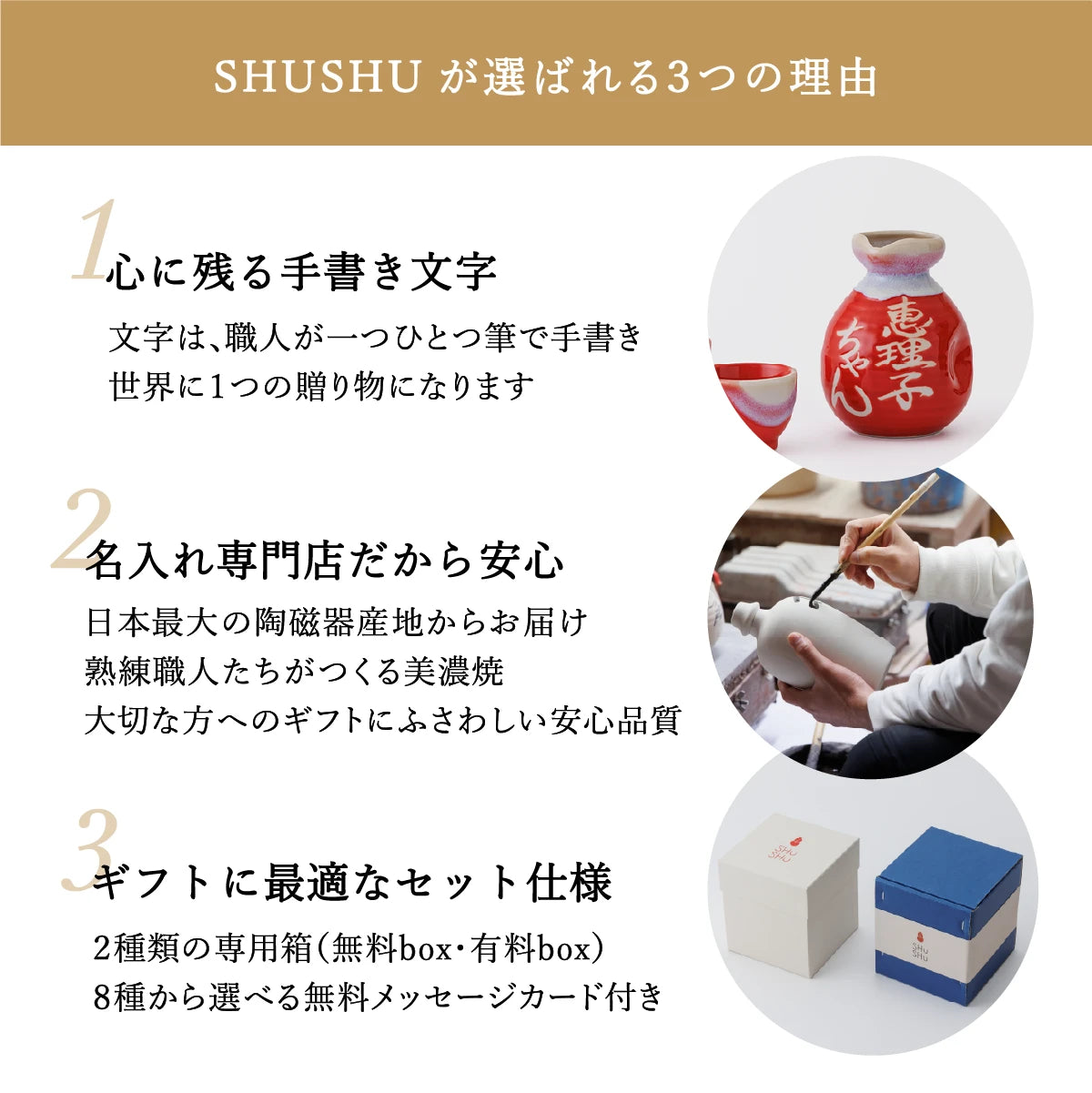SHUSHUが選ばれる3つの理由を紹介した案内画像。職人による手書き名入れ、安心の美濃焼品質、ギフト対応