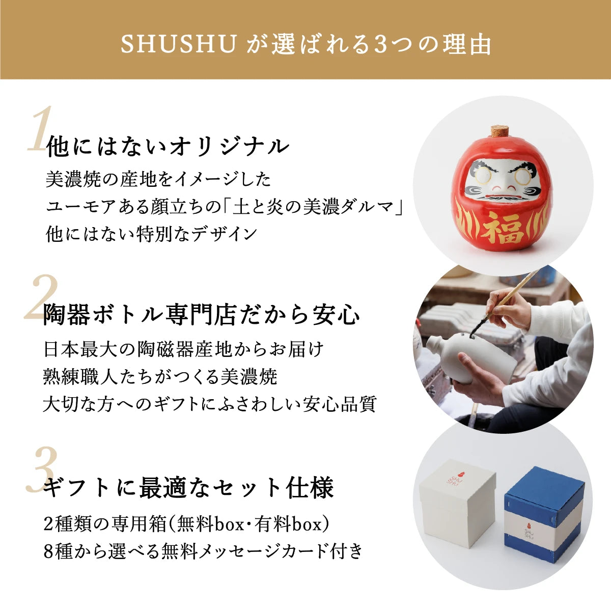 SHUSHUが選ばれる3つの理由を説明する案内画像。ダルマ陶器ボトル、手書きの名入れ作業、ギフト用ボックスの写真付き