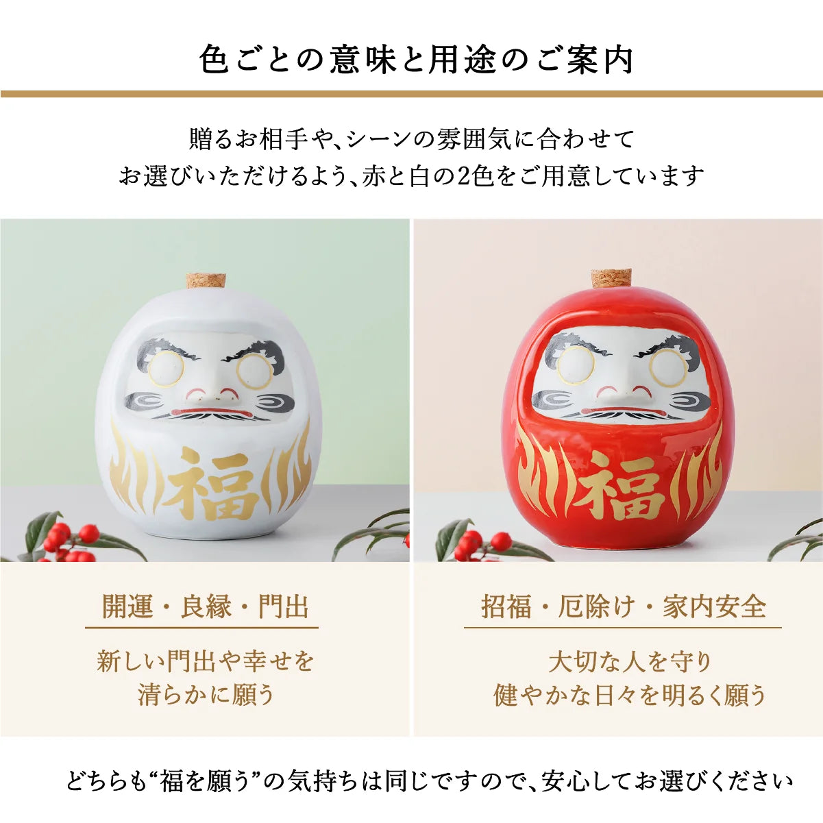 赤ダルマと白ダルマの違いの説明。白だるまは開運、良縁、長寿祈願。赤だるまは魔除け、家内安全、招福。