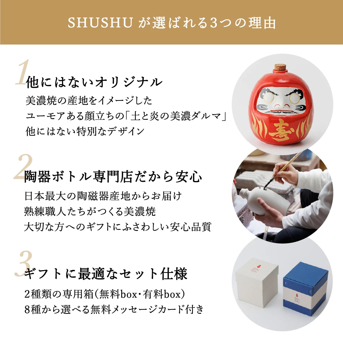 SHUSHUが選ばれる3つの理由を説明する案内画像。ダルマ陶器ボトル、手書きの名入れ作業、ギフト用ボックスの写真付き