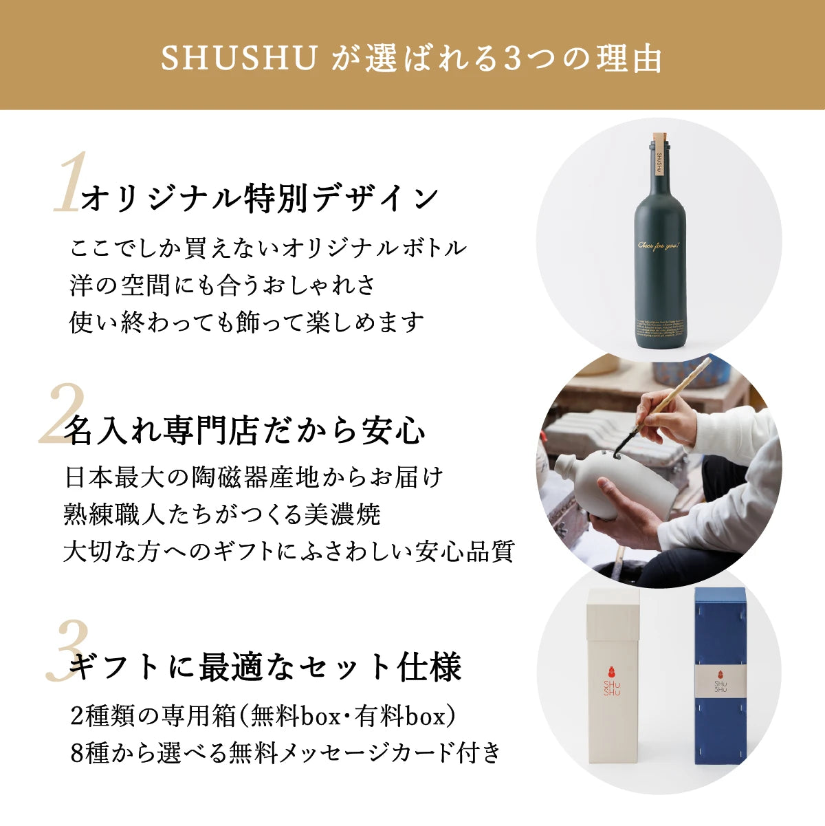 名入れ陶器ボトルギフトSHUSHUが選ばれる理由。おしゃれなオリジナルデザイン陶器帆ボトル、美濃焼の安心品質、ギフトに最適な専用箱とメッセージカード付きセット仕様