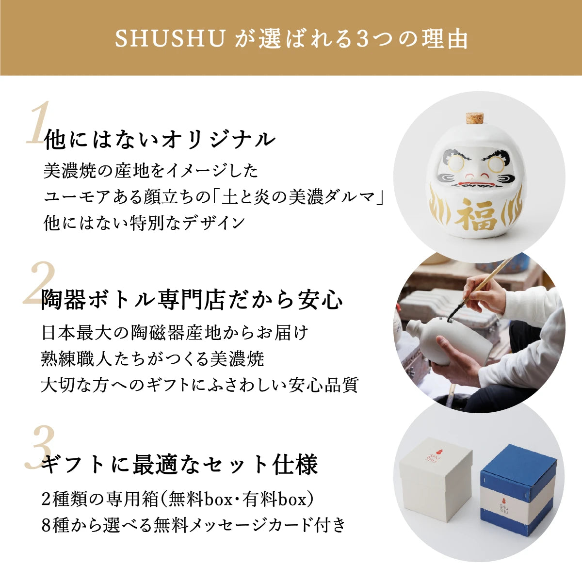 SHUSHUが選ばれる3つの理由を説明する案内画像。ダルマ陶器ボトル、手書きの名入れ作業、ギフト用ボックスの写真付き
