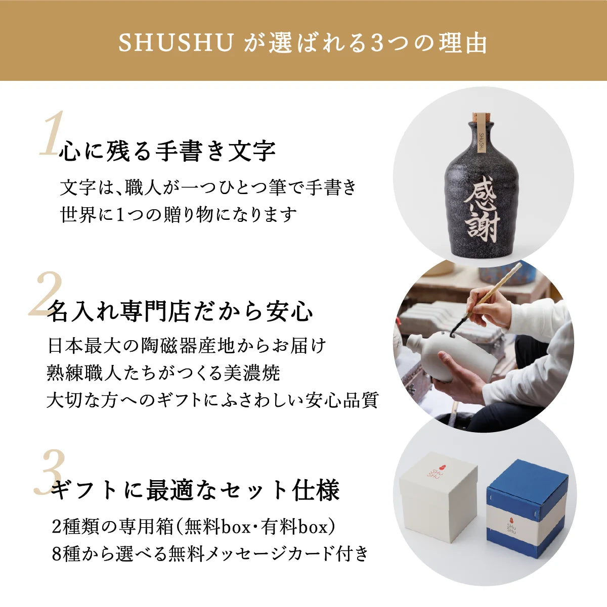 SHUSHUが選ばれる3つの理由を紹介した案内画像。職人による手書き名入れ、安心の美濃焼品質、ギフト対応